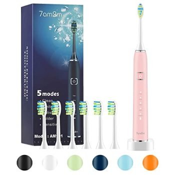 7am2m Sonic Electric Toothbrush with 6 Brush Heads for Adults and Kids, Wireless Fast Charge, One Charge for 60 Days,5 Modes with 2 Minutes Built in Smart Timer, Electric Toothbrushes(Pink)