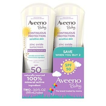 Aveeno Baby Continuous Protection Zinc Oxide Mineral Sunscreen Lotion for Sensitive Skin, Broad Spectrum SPF 50, Paraben- & Tear-Free, Sweat- & Water-Resistant, Travel-Size, 2 x 3 fl. oz