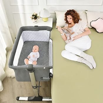 BABY JOY Baby Bedside Crib, Portable Travel Sleeper Bed Side Bassinet w/Carrying Bag, Newborn Bassinet to Infant, Kids Crib with Detachable Mattress, Height & Angle Adjustable, Breathable Mesh (Grey)