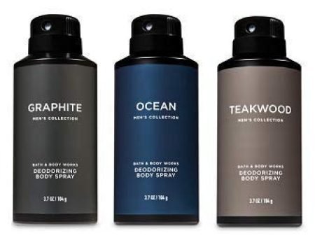 Bath and Body Works 3 Pack Deodorizing Body Spray. Graphite, Ocean and Teakwood. 8 Oz.