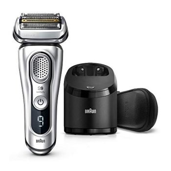 Braun Electric Razor for Men, Series 9 9390cc, Precision Beard Trimmer, Rechargeable, Cordless, Wet & Dry Foil Shaver, Clean & Charge Station & Leather Travel Case, Silver