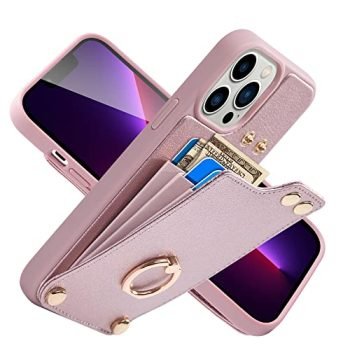 LAMEEKU Wallet Case Compatible with iPhone 13 Pro Max, Leather Case with Card Holder, 360°Rotation Ring Kickstand, RFID Blocking Protective Case Designed for Apple iPhone 13 Pro Max 6.7'' Rose Gold
