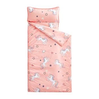 Wake In Cloud - Unicorn Nap Mat, with Removable Pillow for Kids Toddler Boys Girls Daycare Preschool Kindergarten Sleeping Bag, White Unicorns Printed on Pink, 100% Microfiber
