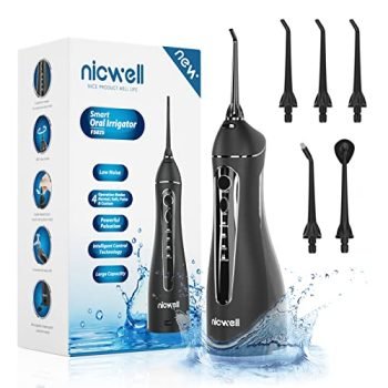 Water Dental Flosser Cordless for Teeth - Nicwell 4 Modes Dental Oral Irrigator, Portable and Rechargeable IPX7 Waterproof Powerful Battery Life Water Teeth Cleaner Picks for Home Travel (Black)