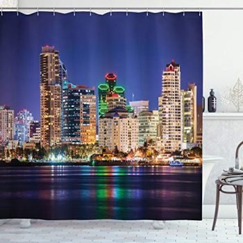 Ambesonne USA Shower Curtain, Colorful Skyline of San Diego at Night Time North San Diego Bay and Boats Architecture of Urban Near The Water, Cloth Fabric Bathroom Set with Hooks, 69" W x 75" L, Navy