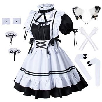 Anime French Maid Apron Lolita Fancy Dress Cosplay Costume Furry Cat Ear Gloves Socks Set(Plus Size 5XL) Black-White