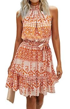 BTFBM Women Floral Dresses Casual Summer Sleeveless Halter Neck Ruffle Belt Boho Polka Dot Leopard Print Sun Short Dress (Color Block Orange,Medium)