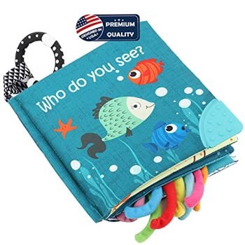 Fish Soft Cloth Book, Shark Tails Soft Activity Crinkle Baby Books Toys for Early Education for Babies,Toddlers,Infants,Kids, Teether Ring,Teething Baby Book Baby Shark,Octopus, Ocean Sea Animal Books