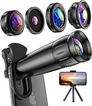 LIERONT Phone Camera Lens, 25X Telephoto Lens for iPhone Samsung Pixel, 4K HD 0.65X Wide Angle Lens & 25X Macro Lens(Screwed Together), 210° Fisheye Lens, Kaleidoscope Lens