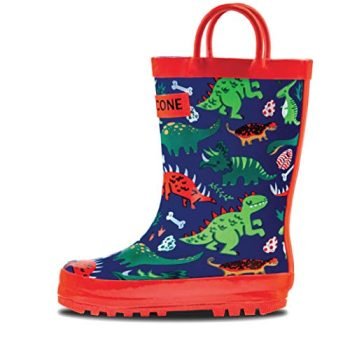 Lone Cone Rain Boots with Easy-On Handles in Fun Patterns for Toddlers and Kids, Puddle-a-Saurus Dinosaur, 8 Toddler