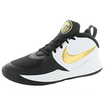 Nike Unisex-Kid's Team Hustle D 9 Grade School Basketball Shoe, Black/Metallic Gold-White, 7Y Youth US Big Kid