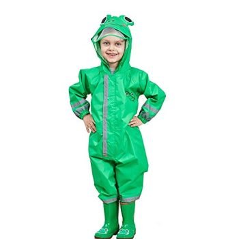 SSAWcasa One Piece Rain Suit Kids,Unisex Toddler Waterproof Rainsuit Rain Coat Coverall (M, Green Frog)