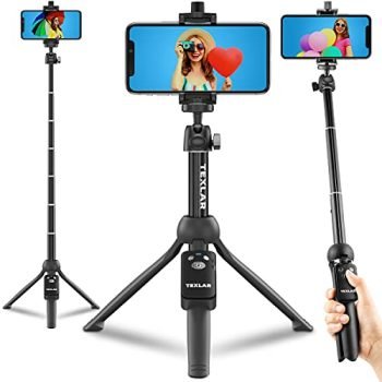 Texlar 48" Selfie Stick Tripod with Remote for iPhone 13, 12, 11, XR, X, 8, 7, Pro, Max, Plus, SE, Android Phone, Smartphone - TS48 Pro Small Mini Cellphone Stand