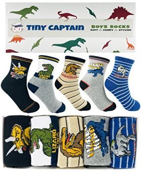 Tiny Captain Boy Dinosaur Socks 4-7 Year Old Boys Crew Cotton Sock Age 5 Gift (Medium, Green)