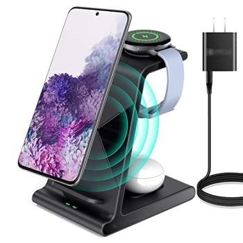 Wireless Charging Station 3 in 1, Wireless Charger for Samsung Galaxy Watch, Active Series and Galaxy Buds Series, Fast Phone Charger Stand Compatible with Samsung Galaxy S21 Ultra S20 Note (Black)