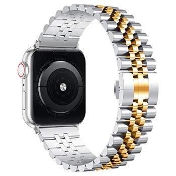 Wolait Compatible with Apple Watch Band 45mm 44mm 42mm 41mm 40mm 38mm, Stainless Steel Heavy Band with Butterfly Folding Clasp Link Bracelet for iWatch Series7/6/SESeries 5/4/3/Men Women Silver/Gold, 45mm/44mm/42mm