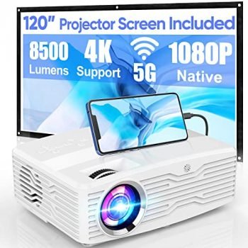 5G WiFi 4K Projector, 8500Lumens Native 1080P Full HD Projector LCD Projector for Outdoor Movies, Wireless Mirroring/4K/Smartphone/TV Stick/HDMI/USB Supported [120" Projector Screen Included]