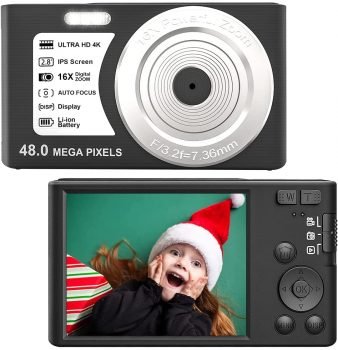 Digital Camera 4K Compact Camera 48.0 Mega Pixels Vlogging Camera 2.8 inch IPS HD Screen Compact Portable Mini Cameras for Students, Teens, Kids (with 32GB SD Card and 2 Battery),Black