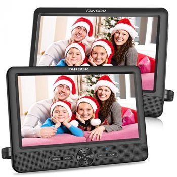 FANGOR 10’’ Dual Car DVD Player Portable Headrest CD Players with 2 Mounting Brackets, 5 Hours Rechargeable Battery, Last Memory, Free Regions, USB/SD Card Reader, AV Out&in ( 1 Player + 1 Screen )