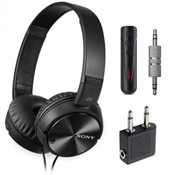 Sony Wired Noise Cancelling Stereo Headphones (Black) + Airline Headphone Adapter + NeeGo Wireless Bluetooth Receiver