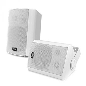 Wall Mount Home Speaker System - Active + Passive Pair Wireless Bluetooth Compatible Indoor / Outdoor Water-resistant Weatherproof Stereo Sound Speaker Set with AUX IN - Pyle PDWR51BTWT (White)