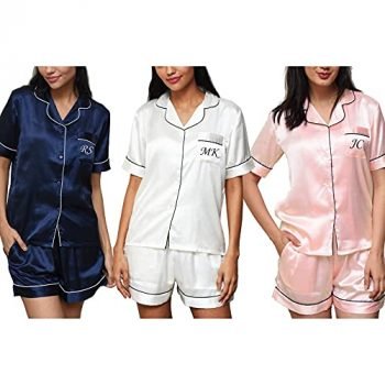 BlushBridesCo Personalized Pajama Set Short Sleeve Sleepwear Womens Button Down Nightwear Silk Satin PJ Lounge Sets XS-3XL