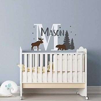 Custom Baby Name Wall Decal with Moose Bear Woodland Nursery Decor Personalized Name Wall Decal Boy Forest Nursery Vinyl Decal Boys Name