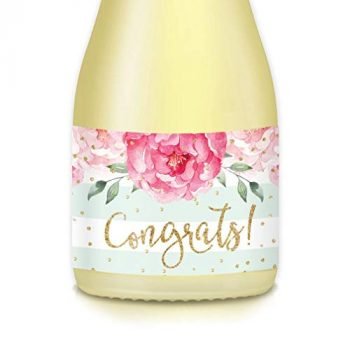 DIGIBUDDHA All Occasion CONGRATS Mini Champagne, Wine Bottle Labels Set of 20 Mint Pink & Gold Decals Grad Birthday Bachelorette Party Wedding Rehearsal 3.5" x 1.75" Thank You Gift Bags Table Favor