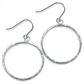 Handmade Sterling Silver Hoop Earrings with Hammered Finish | Solid .925 Sterling Silver 1" Diameter Drop Dangle Earrings for Women | Includes Jewelry Polishing Cloth