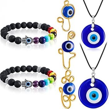 MTLEE 2 Pieces Evil Eye Pendant Necklace Glass Leather Rope Chain, 2 Pieces Hand Stretch Bracelet and 3 Pieces Evil Eye Nose Cuff Fake Nose Ring for Women and Men (Novel Style)
