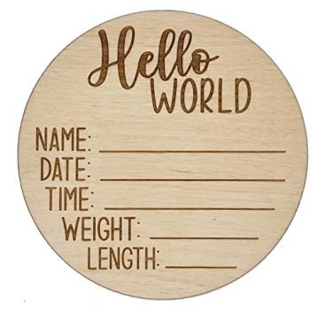 Routybits Hello World - Wood Newborn Baby Birth Announcement Sign - 5.5 Inch Round