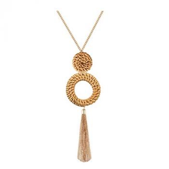 Urwomin Tassel Pendant Necklace Handmade Straw Wicker Braid Statement Pendant Y-Shaped Long Chain Necklace for Women (deep)