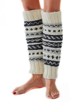 White/Black Hand Knit Wool Fleece Lined Leg Warmers Boot Toppers | Tibetan Socks