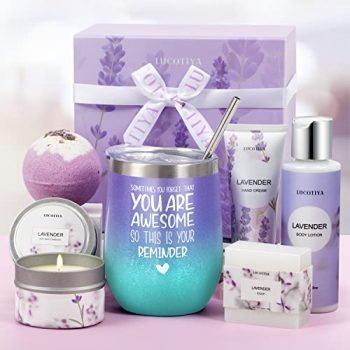 Birthday Gifts for Women Bath and Body Works Gifts Set for Women Spa Gifts Baskets for Women Bubble Bath for Women Lavender Gifts for Women,Mom,Her,Sister,Wife,Auntie Wine Tumbler Purple Womens Gifts
