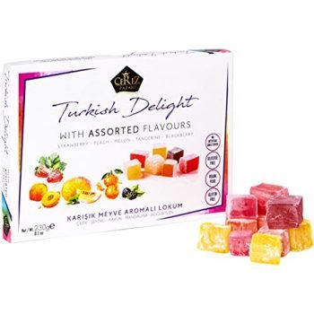 Cerez Pazari Turkish Delight with Strawberry, Peach, Melon, Tangerine, Blackberry Flavours 8.1 Oz Gourmet Small Size Snacks Gift Box | No Nuts Sweet Luxury Traditional Confectionery Vegan Soft Candy Dessert Glucose Free Lokum (Loukoumi) Approx. 40 Pcs