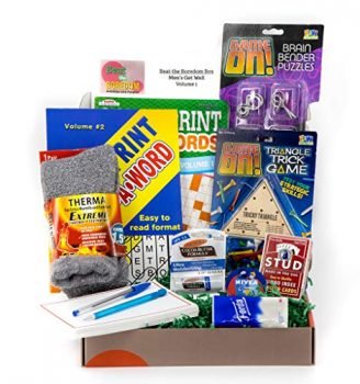 Get Well Soon Gifts for Men Beat the Boredom Box Activities Gift Basket Non Food Tricky Triangle Game Metal Brain Benders Crossword and Word Find Playing Cards Thermal Socks Lip Balm Hand Cream Tissue