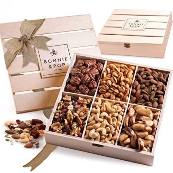 Nut Gift Basket, in Reusable Wooden Crate, Healthy Gift Option, Gourmet Snack Food Box, with Unique Flavors, Thank You, Sympathy & Birthday- Bonnie & Pop