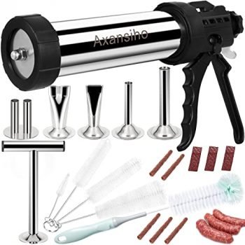 Upgraded 1.57LB Capacity Stainless Steel Jerky Gun Sausage Stuffer Machine Beef Jerky Gun Sausage Maker Jerky Shooter Jerky Gun Kit with 5 Stainless Steel Nozzles 5 Cleaning Brushes & Meat Pusher