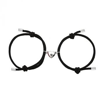 Dlihc 2pcs Magnetic Couples Bracelets for Women Men, Heart-Shaped Magnet Bracelets for Couples, Black Matching Bracelets for Best Friend, Magnetic Bracelets for Boyfriend and Girlfriend