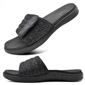 ONCAI Mens Slide Sandals Black Open Toe Athletic Adjustable Straps Orthotic Plantar Fasciitis Sport Sandals with Soft Cushion Arch Support Footbed Size 9.5