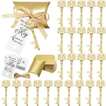 100 Sets Vintage Key Bottle Opener Wedding Favors, Wedding Party Souvenir Gift for Guests with Thank You Tag Card Pillow Candy Box and Satin Ribbon