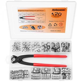 120PCS 11 Sizes Single Ear Hose Clamps 304 Stainless Steel, 6-33.1mm Stepless Cinch Rings Crimp Assortment Kit with Ear Clamp Pincer for Securing Pipe Hoses and Automotive Use By Hydencamm