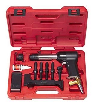 3X AIR Hammer KIT for Solid Rivets. Comes with 2 Bucking Bars, 4 Cupped Universal Head BITS (3/32, 1/8, 5/32 & 3/16), A 1" Flush DIE, and 2 RETAINING Springs. HRH-3X-737