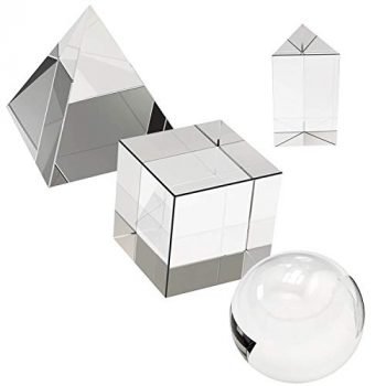 4 Pack K9 Optical Crystal Photography Prism Set, Include 55mm Crystal Ball, 50mm Crystal Cube, 50mm Triangular Prism, 60mm Optical Pyramid with Gift Box& Wipe Cloth for Teaching, Playing, Photography