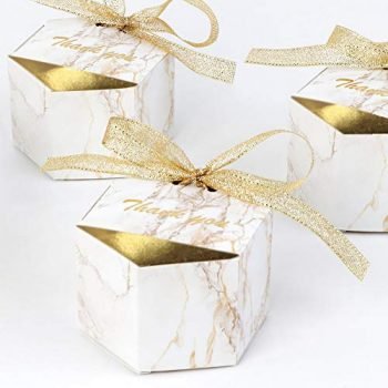 AerWo 50pcs Marble Wedding Party Favor Boxes, Gold Wedding Candy Boxes Bags Hexagonal Chocolate Treat Gift Boxes with Ribbons for Wedding Bridal Shower Baby Shower Birthday Party Decoration