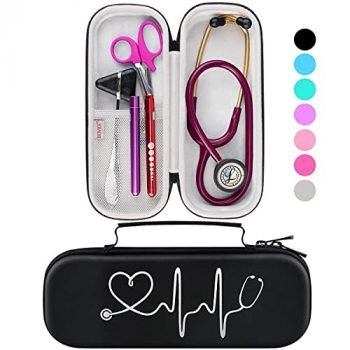 BOVKE Stethoscope Case Compatible With 3M Littmann Classic III, Lightweight II S.E, MDF Acoustica Deluxe Stethoscopes - Extra Room for Medical Bandage Scissors EMT Trauma Shear and LED Penlight, Black
