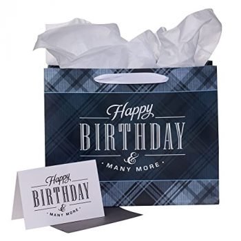 Christian Art Gifts Landscape Gift Bag with Card and Tissue Paper Set - Happy Birthday and Many More, Black and Navy Blue Plaid, Large