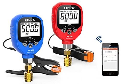 Elitech Wireless Digital Manifold Gauge Set HVAC Gauges with Pipe-Clamp Thermometer 1/8'' NPT, PT-500&PT-800