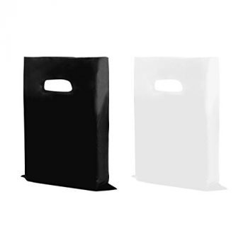 Houseables Plastic Merchandise Shopping Bags, Retail Bag, 16”x18”, 100 Pack, 1.75 Mil Thick, Black & White, Die Cut Handles, Craft Fair Supplies, Store, Glossy, For Sales, Product, Treat, Gift, Clothes, Party, Favor, Boutique