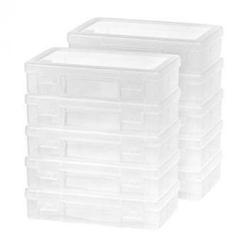 IRIS USA Medium Plastic Clear Hobby Modular Craft Supply Art Satchel Storage Box Organizer with snap-tight closure latch for ribbons, beads, stickers, yarn, ornaments, 10 pack